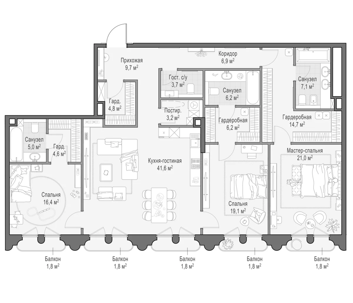 Планировка: Квартира евро-4 174,7 м² в ЖК «Клубный квартал Фрунзенский»