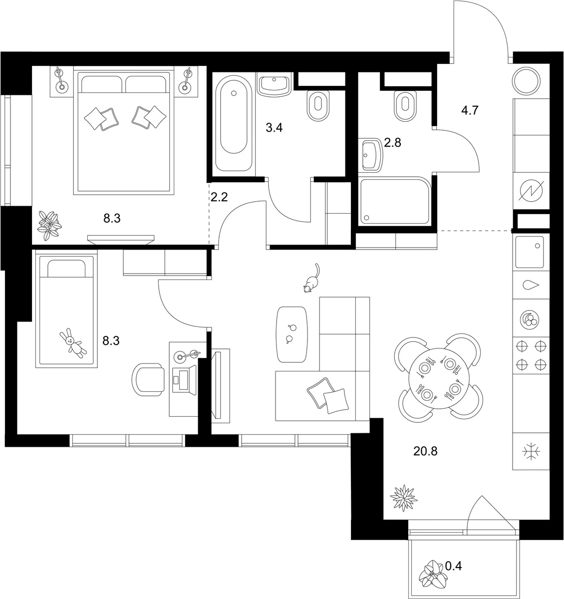 Планировка: 2-комнатная квартира 50,5 м² в ЖК «Бунинская набережная»