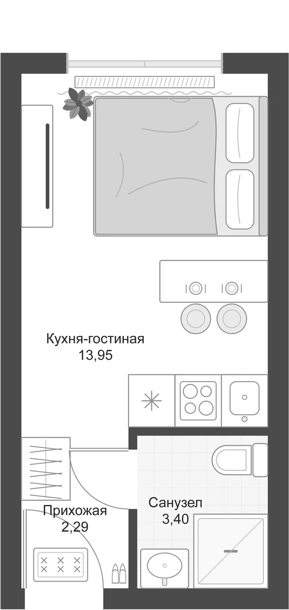 Планировка: Студия 19,6 м² в ЖК «Апарт-комплекс Первый Зеленый»