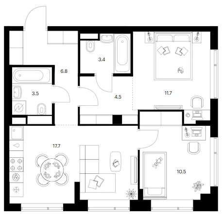 Планировка: 2-комнатная квартира 58,1 м² в ЖК «Бунинская набережная»