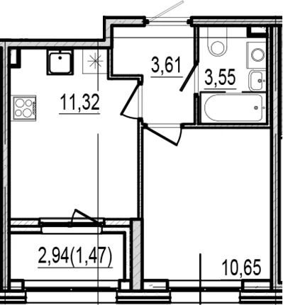 Планировка: Евродвушка 29,1 м² в ЖК «Оптимист»