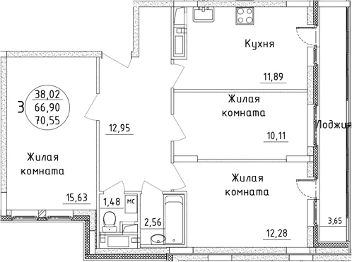 Планировка: 3-комнатная квартира 66,9 м² в ЖК «Дом Союзов»