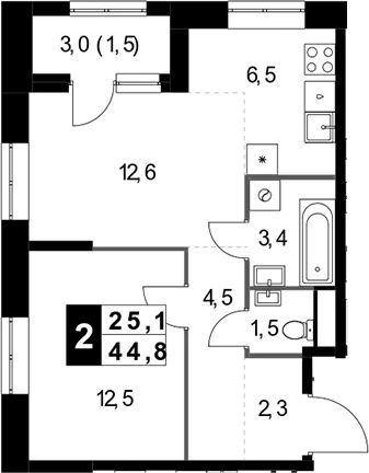 Планировка: Евродвушка 43,3 м² в ЖК «1-й Измайловский»
