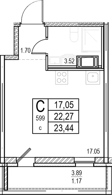 Планировка: Студия 22,3 м² в ЖК «ID Murino III»