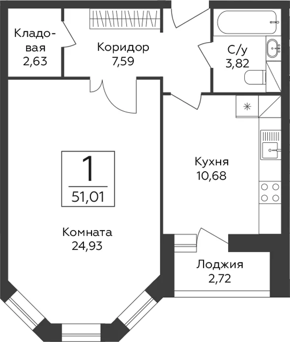 Планировка: 1-комнатная квартира 49,7 м² в ЖК «Пахра Сити»