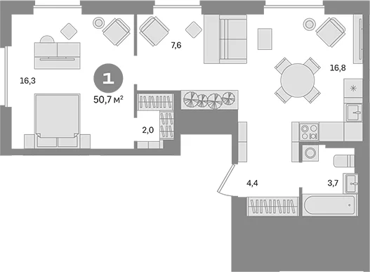 Планировка: 1-комнатная квартира 50,7 м² в ЖК «Квартал Герцена»