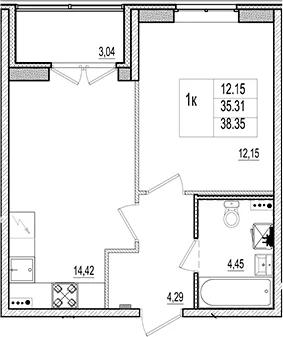 Планировка: Евродвушка 35,3 м² в ЖК «Ново-Антропшино»