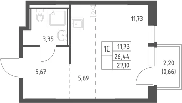 Планировка: Студия 26,4 м² в ЖК «Квартал Ивакино»