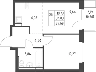 Планировка: Евродвушка 34 м² в ЖК «Новое Видное»