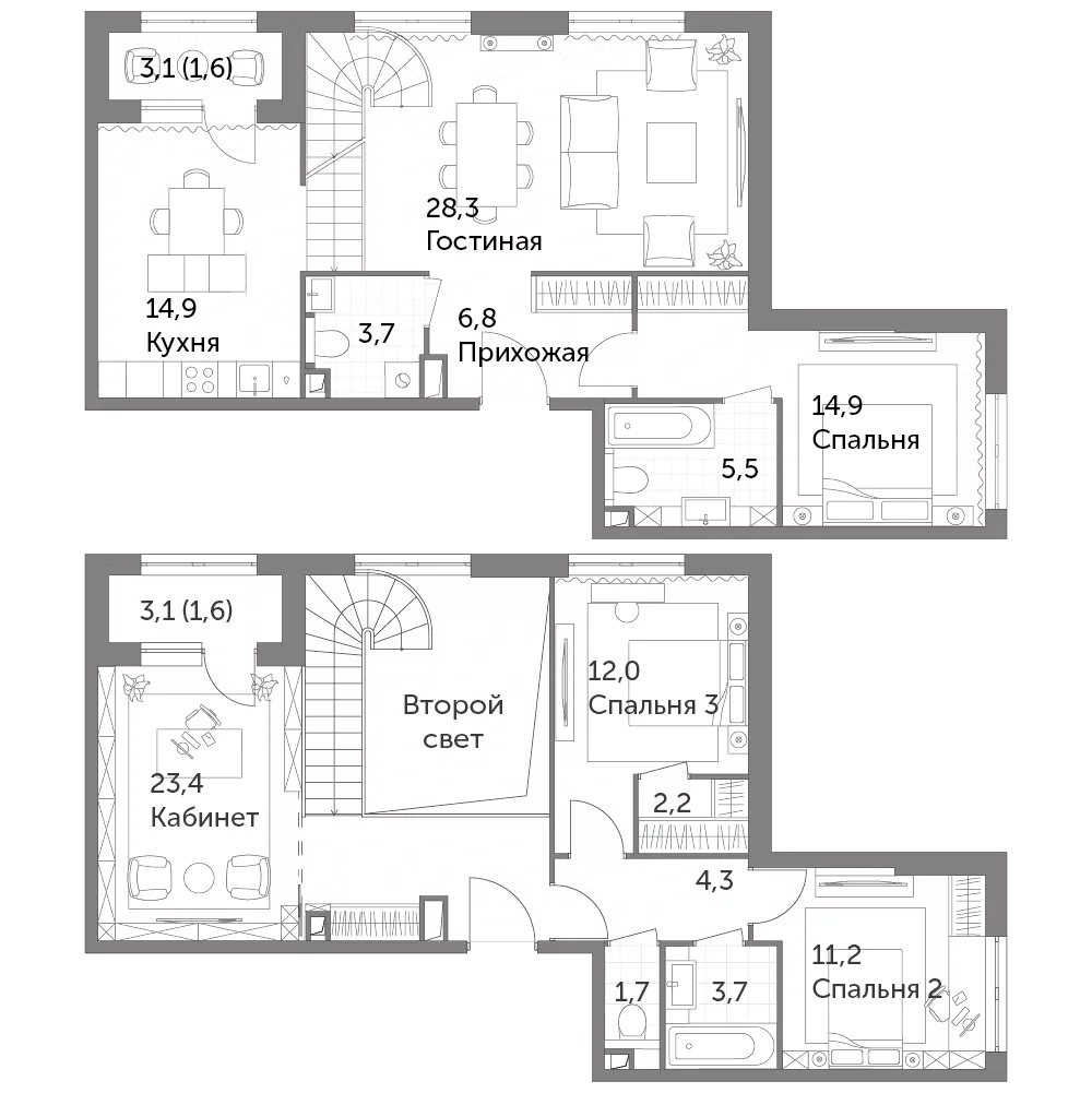 Планировка: 4-комнатная квартира 132,6 м² в ЖК «Режиссер»