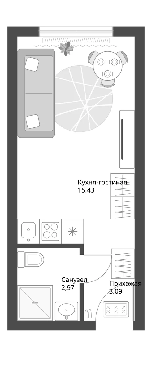 Планировка: Студия 21,5 м² в ЖК «Апарт-комплекс Первый Зеленый»