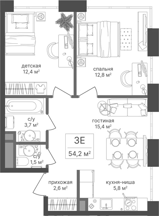 Планировка: Евротрёшка 54,2 м² в ЖК «Михалковский»