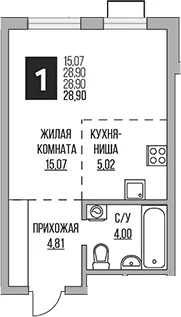 Планировка: Студия 28,9 м² в ЖК «Гранель Алексеевская роща»