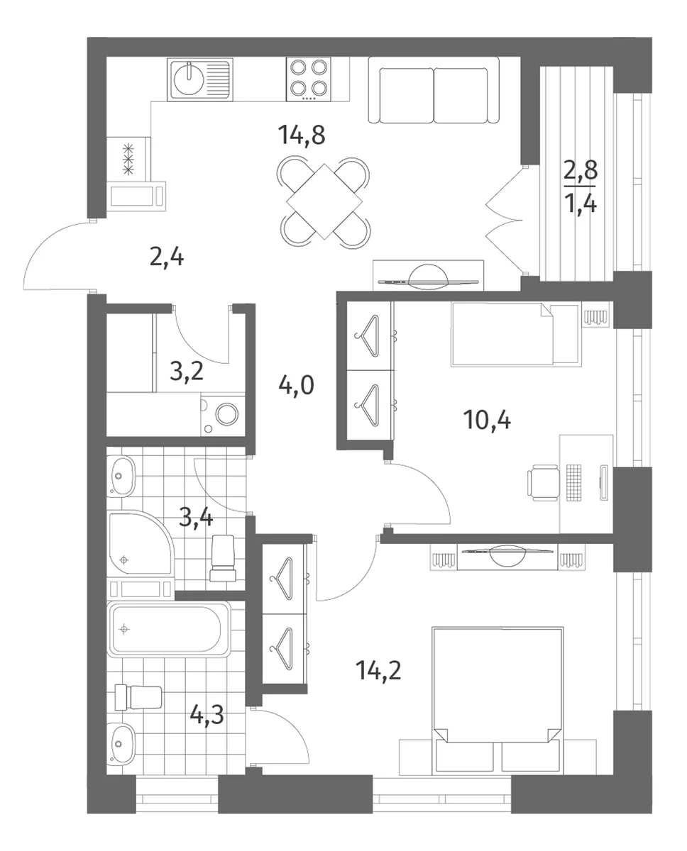 Планировка: Евротрёшка 56,7 м² в ЖК «Новый Питер»