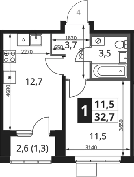 Планировка: 1-комнатная квартира 31,4 м² в ЖК «1-й Ясеневский»