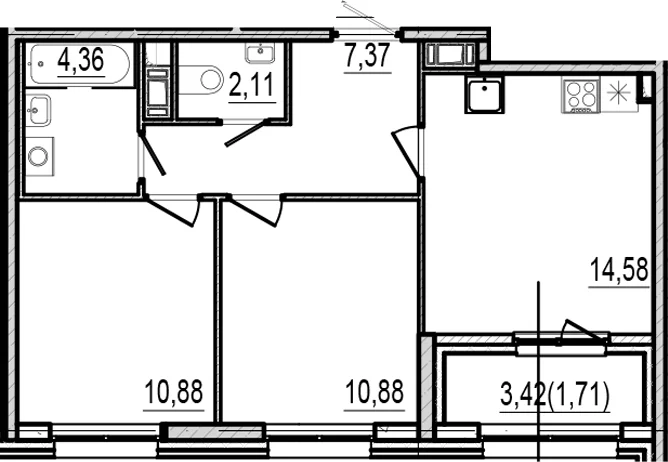 Планировка: 2-комнатная квартира 50,2 м² в ЖК «Оптимист»