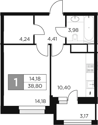 Планировка: 1-комнатная квартира 37,2 м² в ЖК «Восток 2»