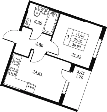 Планировка: 1-комнатная квартира 35,2 м² в ЖК «Высота. Всеволожск»