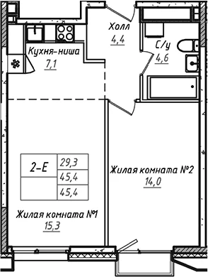 Планировка: Евродвушка 45,4 м² в ЖК «УНО.Соколиная гора»