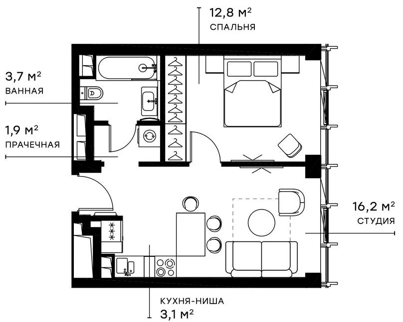 Планировка: Евродвушка 37,6 м² в ЖК «Симфония 34»