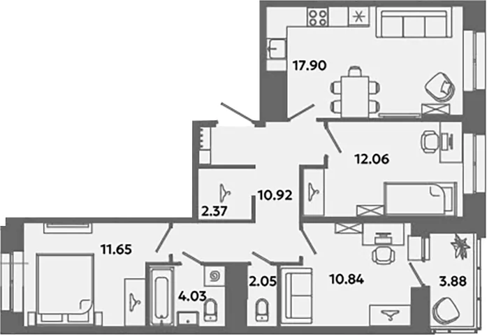 Планировка: Квартира евро-4 71,8 м² в ЖК «Загляденье»