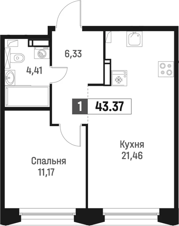 Планировка: Евродвушка 43,4 м² в ЖК «Максималист»