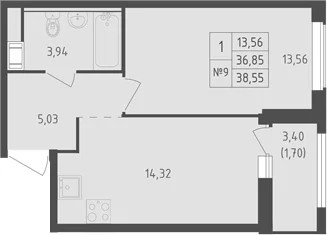 Планировка: 1-комнатная квартира 36,9 м² в ЖК «Южная Нева»