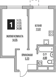 Планировка: 1-комнатная квартира 34,9 м² в ЖК «Гранель Мытищи»