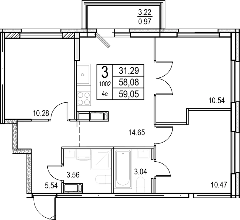Планировка: Квартира евро-4 58,1 м² в ЖК «ID Murino III»