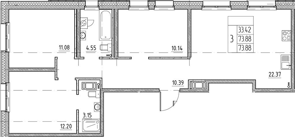 Планировка: Квартира евро-4 73,9 м² в ЖК «Сезоны»