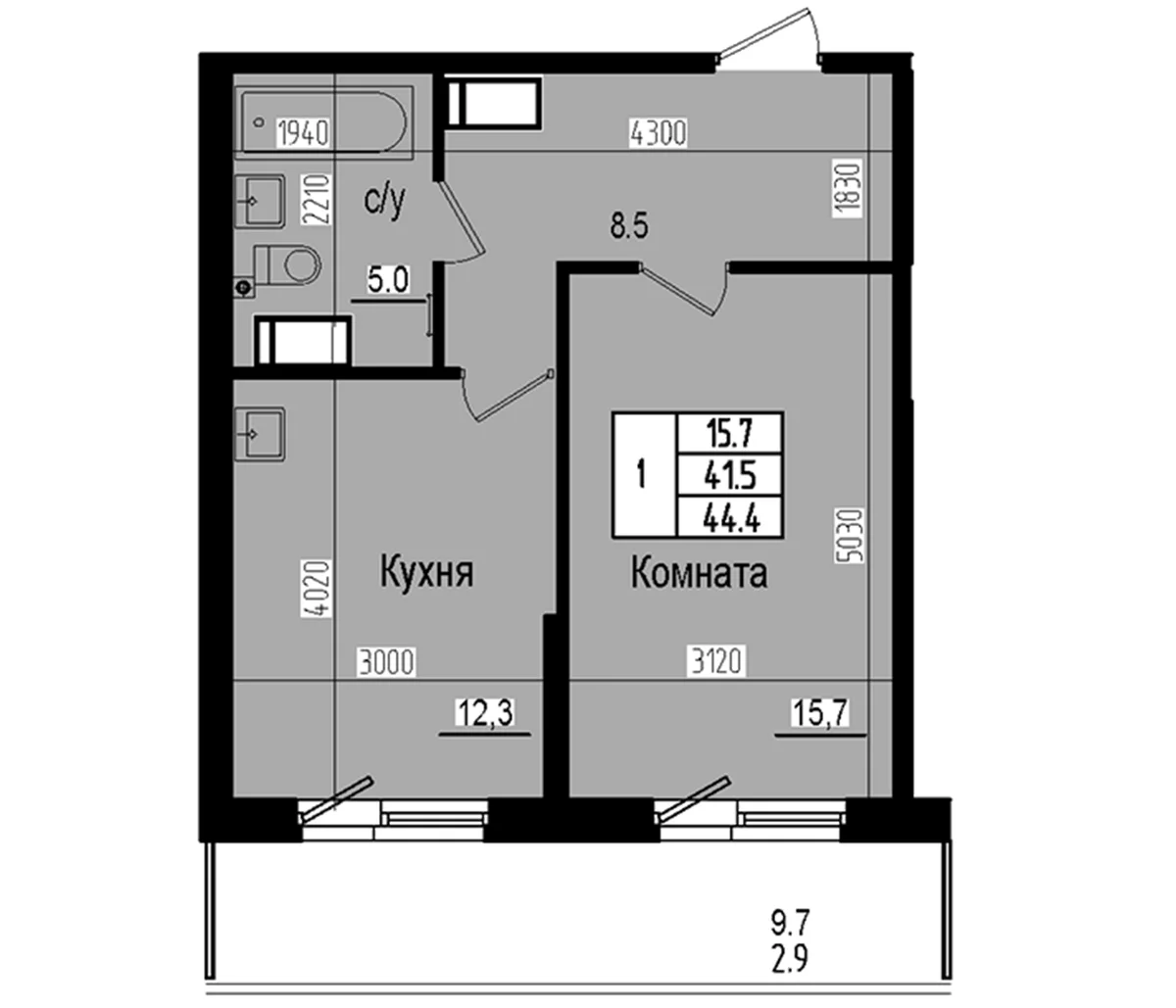 Планировка: 1-комнатная квартира 41,5 м² в ЖК «Прагма Сити»