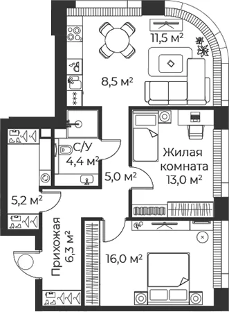 Планировка: Евротрёшка 69,9 м² в ЖК «Веер»