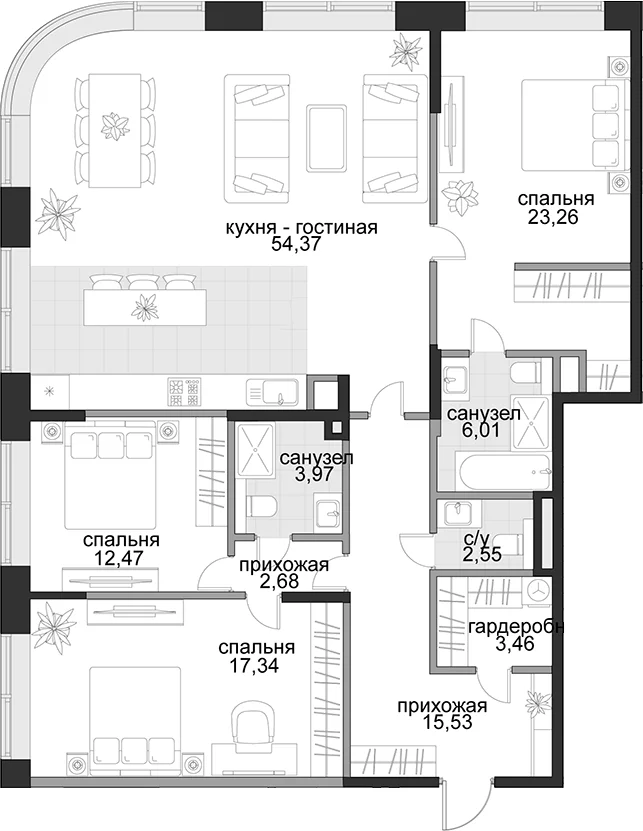 Планировка: Квартира евро-4 141,6 м² в ЖК «Садовническая, 69»
