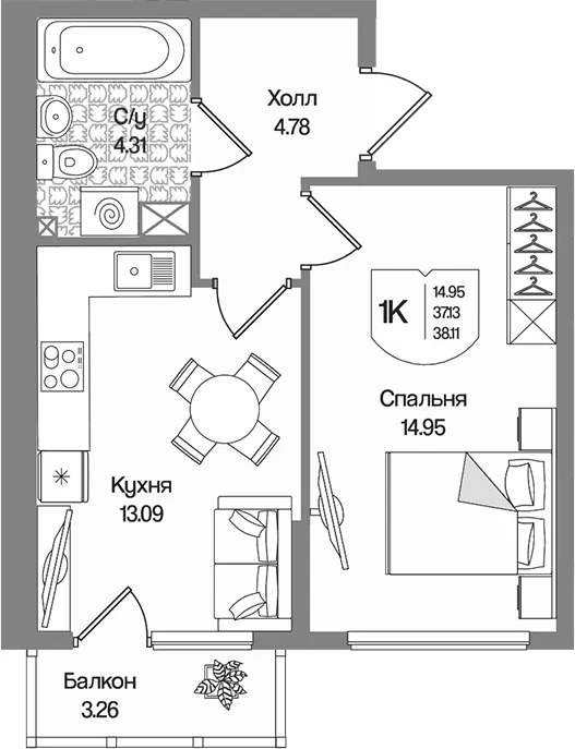 Планировка: 1-комнатная квартира 37,1 м² в ЖК «Охтинские высоты»