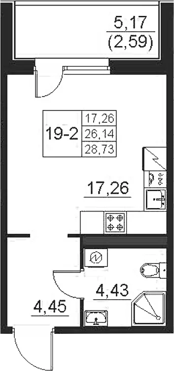 Планировка: Студия 26,1 м² в ЖК «Поинт Токсово»