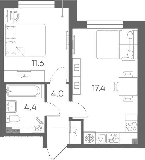 Планировка: Евродвушка 37,4 м² в ЖК «Пулково Лейк»