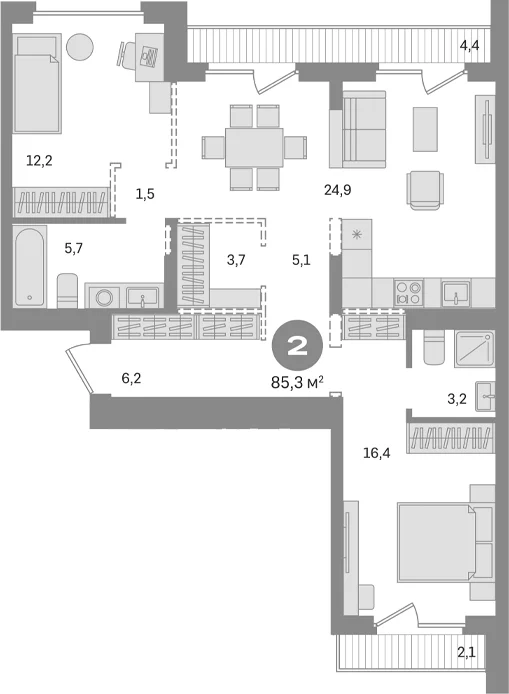 Планировка: 2-комнатная квартира 78,8 м² в ЖК «Первый квартал. Вторая очередь»