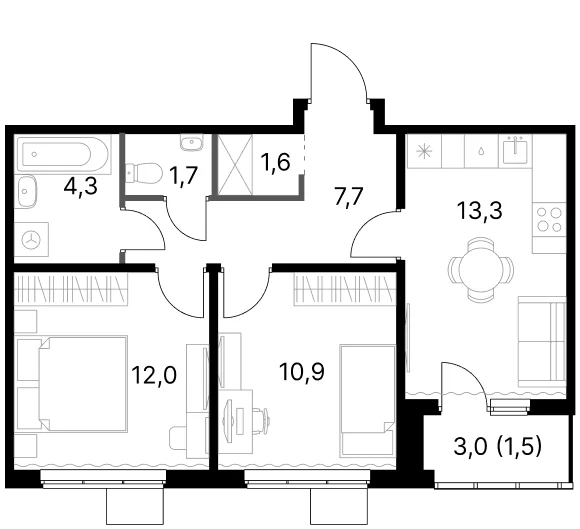 Планировка: 2-комнатная квартира 51,5 м² в ЖК «1-й Ясеневский»