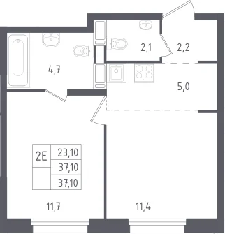Планировка: Евродвушка 37,1 м² в ЖК «Ольховый квартал»