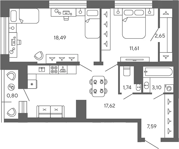 Планировка: Евротрёшка 62,8 м² в ЖК «Экоквартал Гармония»