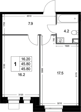 Планировка: 1-комнатная квартира 45,8 м² в ЖК «Кореневский Форт 2.3»
