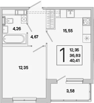 Планировка: Евродвушка 36,8 м² в ЖК «ЮгТаун. Олимпийские кварталы»
