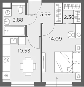Планировка: 1-комнатная квартира 36,4 м² в ЖК «Одинград, квартал Семейный»
