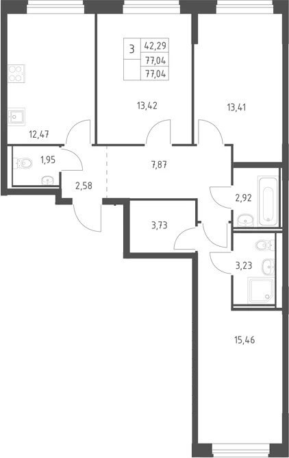 Планировка: 3-комнатная квартира 77 м² в ЖК «Горки Парк»