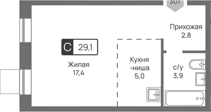 Планировка: Студия 29,1 м² в ЖК «Отрада 3»