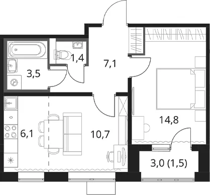 Планировка: Евродвушка 43,6 м² в ЖК «1-й Шереметьевский»