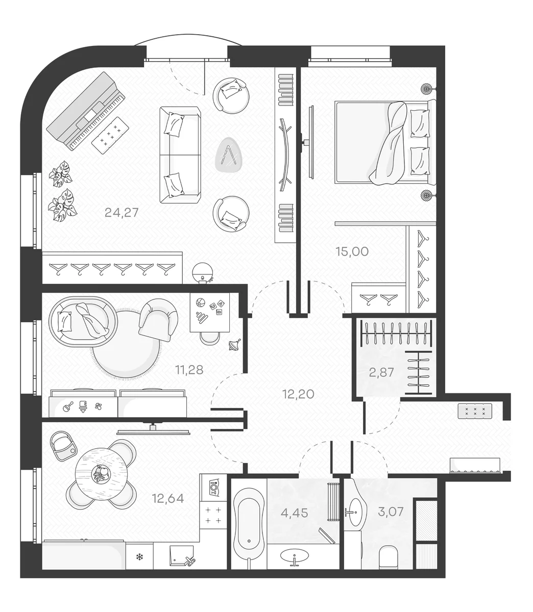 Планировка: 3-комнатная квартира 85,8 м² в ЖК «Monodom Art»