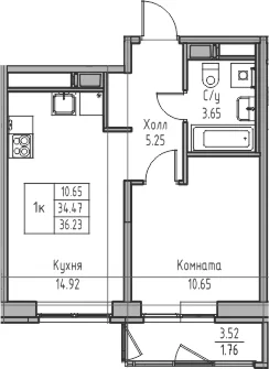 Планировка: Евродвушка 34,5 м² в ЖК «Юнтолово»