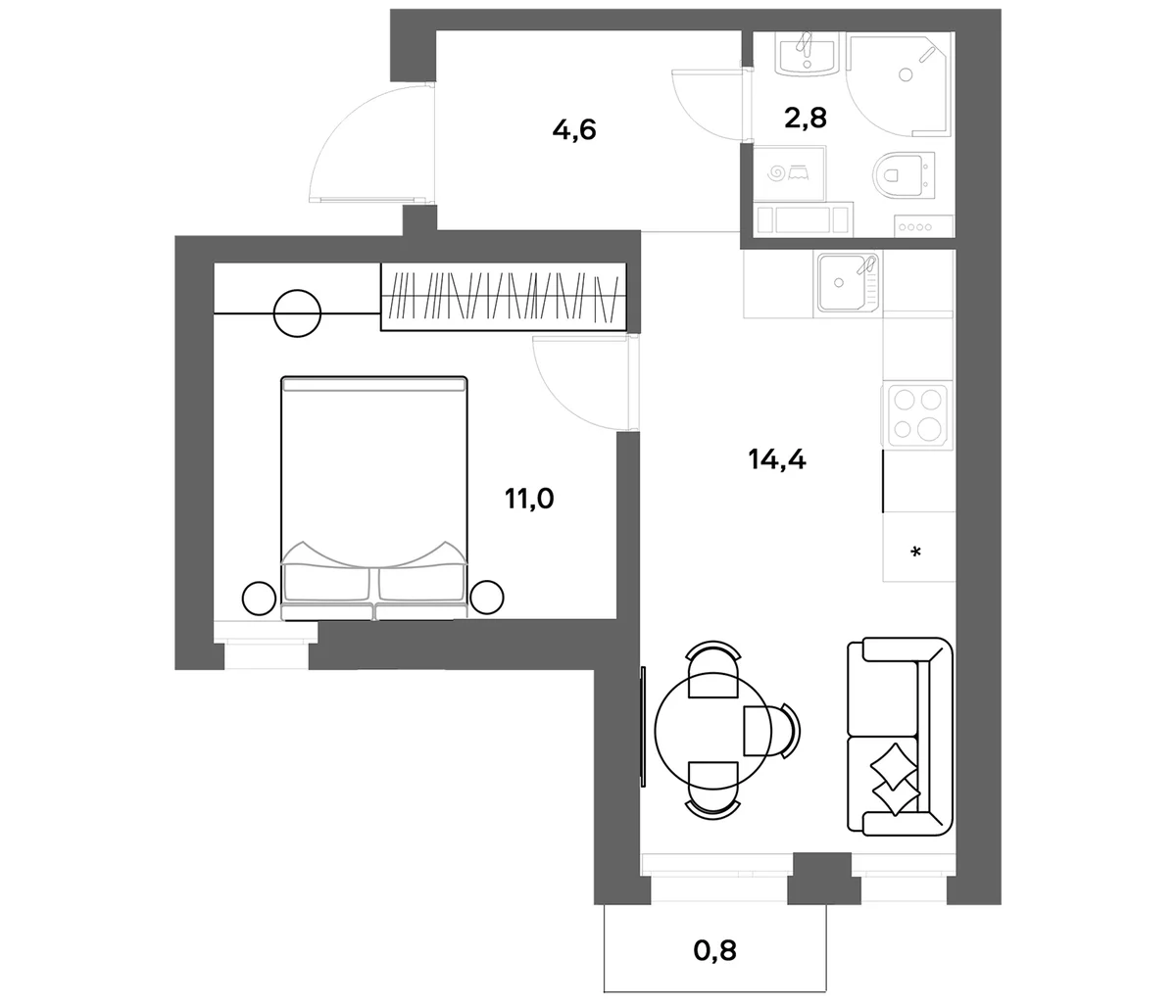 Планировка: 1-комнатная квартира 32,8 м² в ЖК «ЭкоКвартал НЕГА»