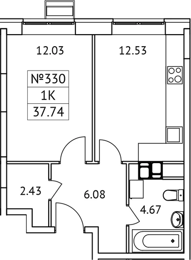 Планировка: 1-комнатная квартира 37,7 м² в ЖК «Новотомилино»